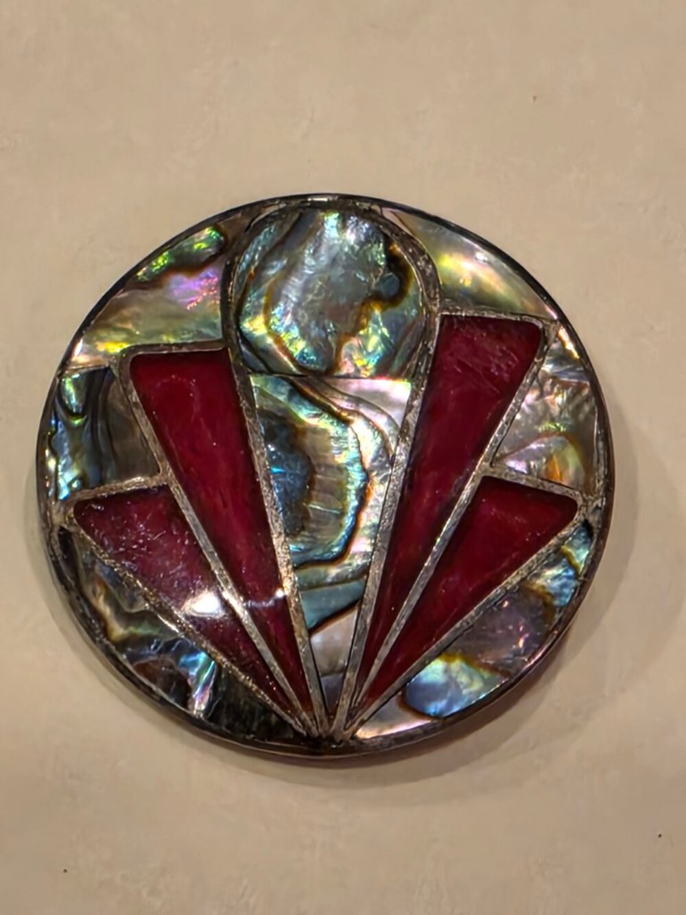Vintage Abalone Mother of Pearl Red Inlay Brooch Pendant Silver Tone Fan Sunbu
